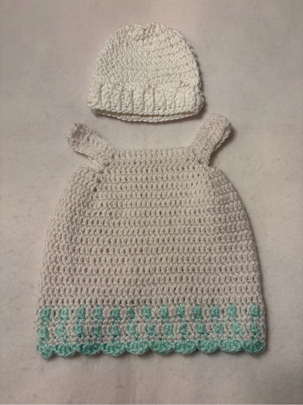 Handmade White Crochet Baby Dress & Hat Set with Mint Trim